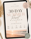 Digital planner app on a tablet with '30-Day Summer Reset Planner' on the screen.